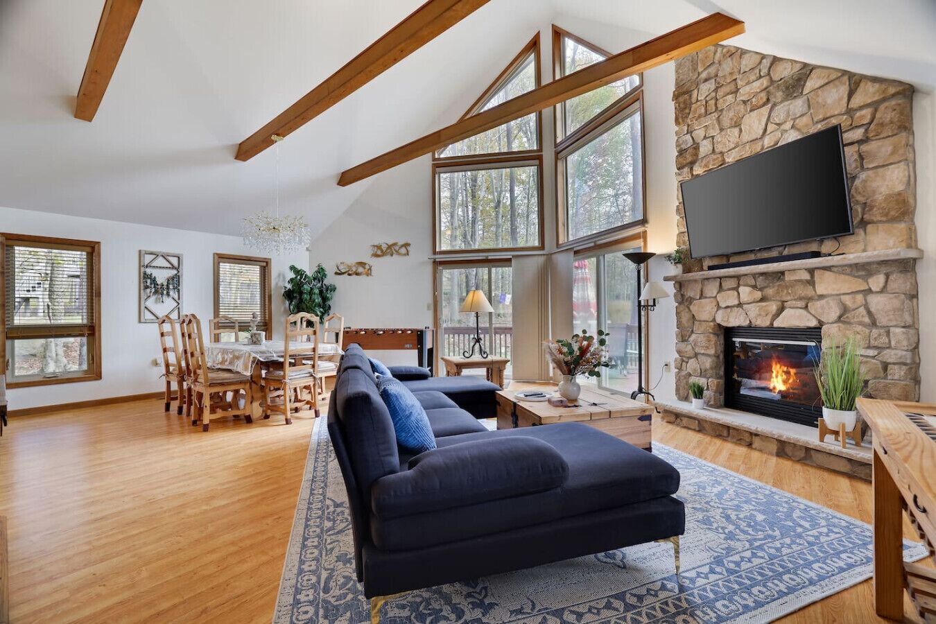 Smart TV, fireplace, video games, foosball