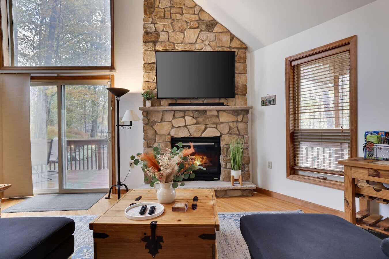 Smart TV, fireplace, video games, foosball