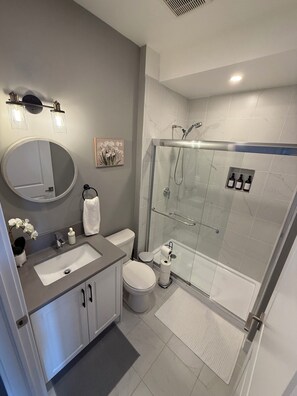Hair dryer, towels, soap, toilet paper