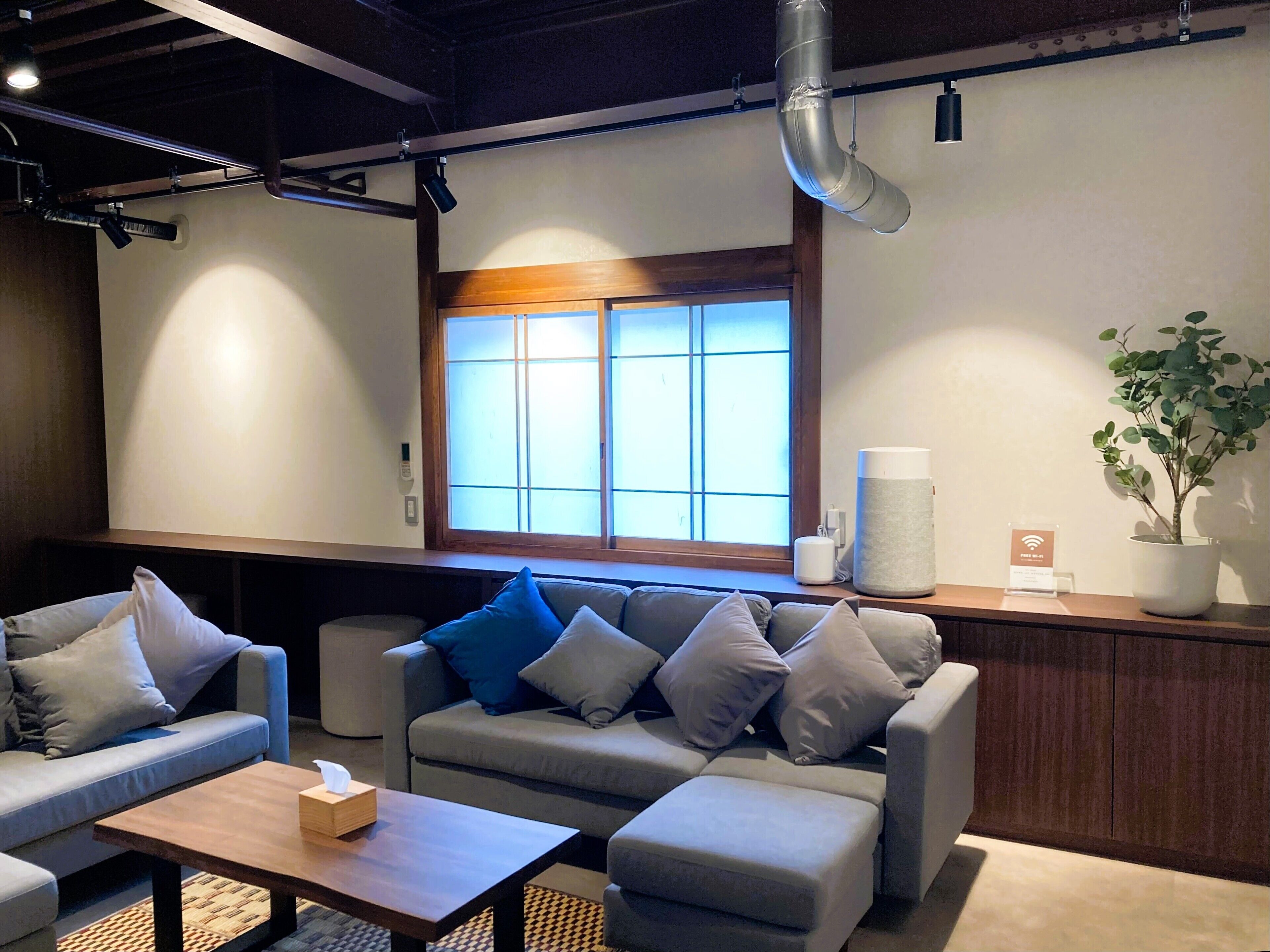 A modern living room with a sofa, a coffee table, a potted plant, and a window with blinds.