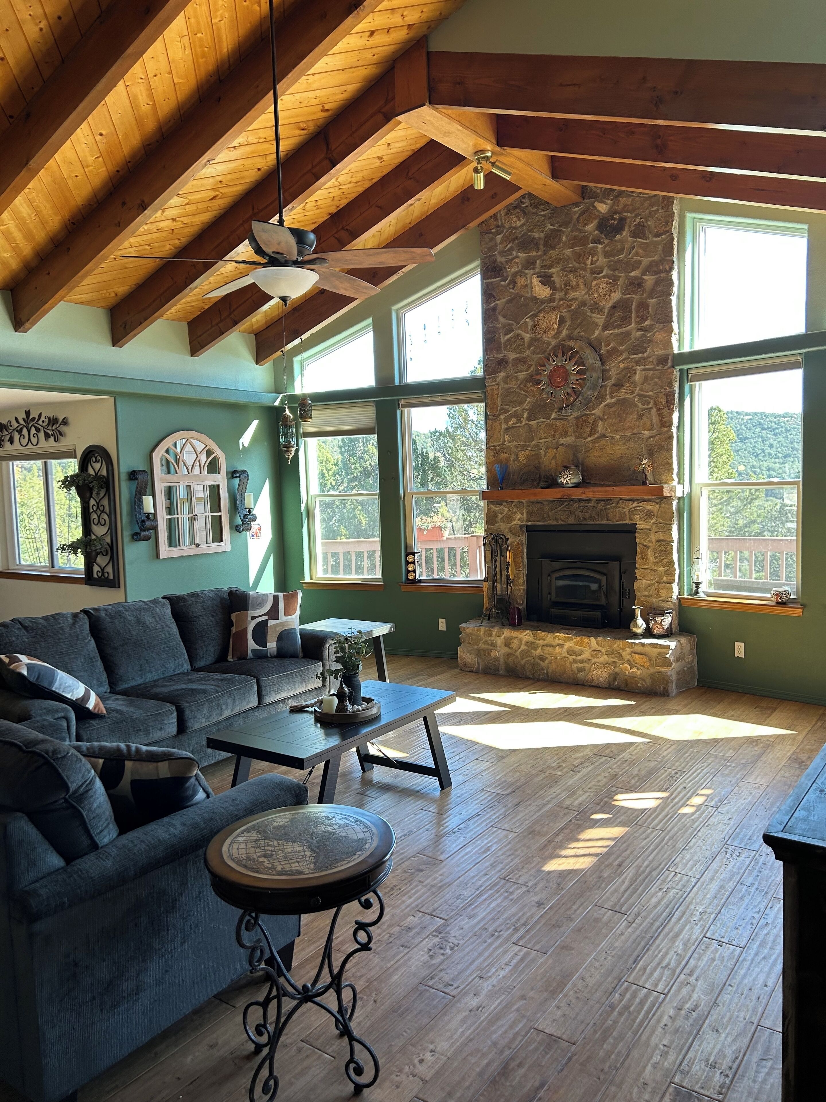 Smart TV, chimenea y libros 