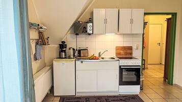 Fridge, microwave, oven, cookware/dishes/utensils