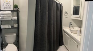 Hair dryer, towels, soap, toilet paper