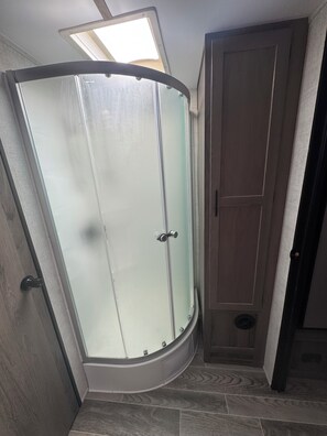 Shower, towels, toilet paper