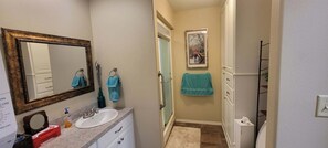 Hair dryer, towels, soap, toilet paper