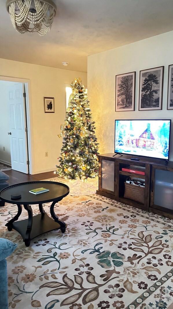 A living room with a Christmas tree, a television, and a floral rug.