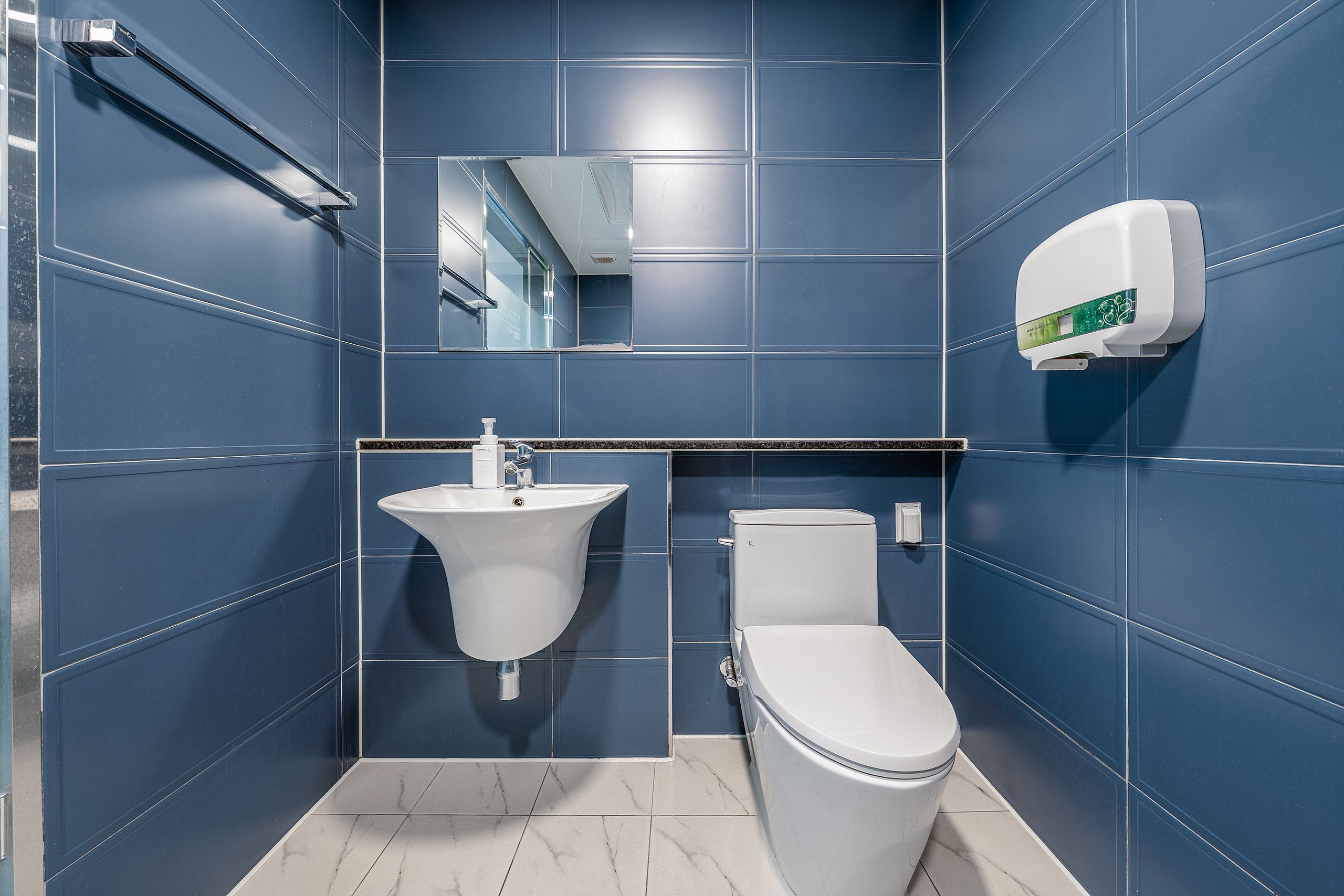 Ein Badezimmer mit einem weißen Waschbecken, einer Toilette und einem Wandtrockner.