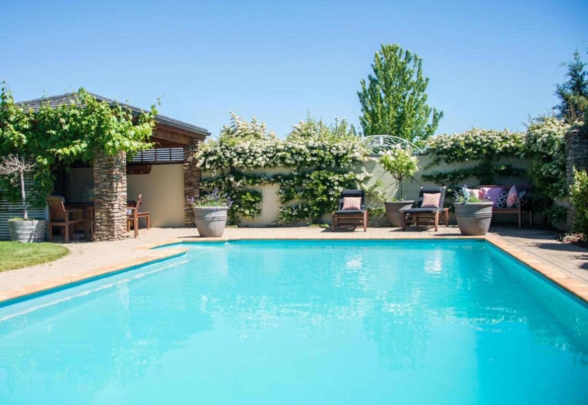 A swimming pool with a stone wall and a pergola covered in climbing plants.