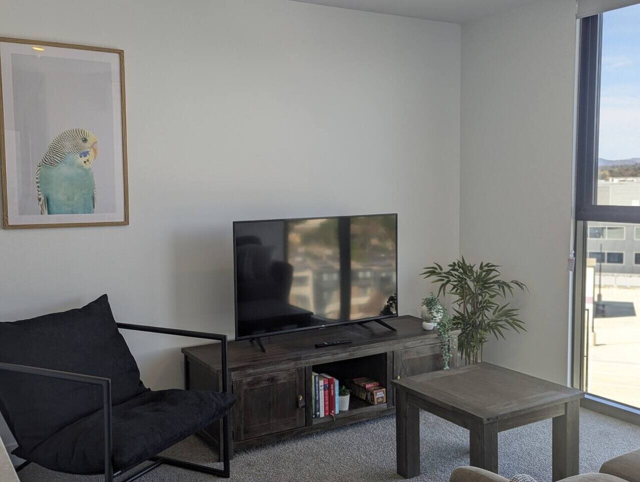 Een moderne woonkamer met een grote flatscreen televisie, een donkerhouten salontafel, een zwarte bank en een potplant.