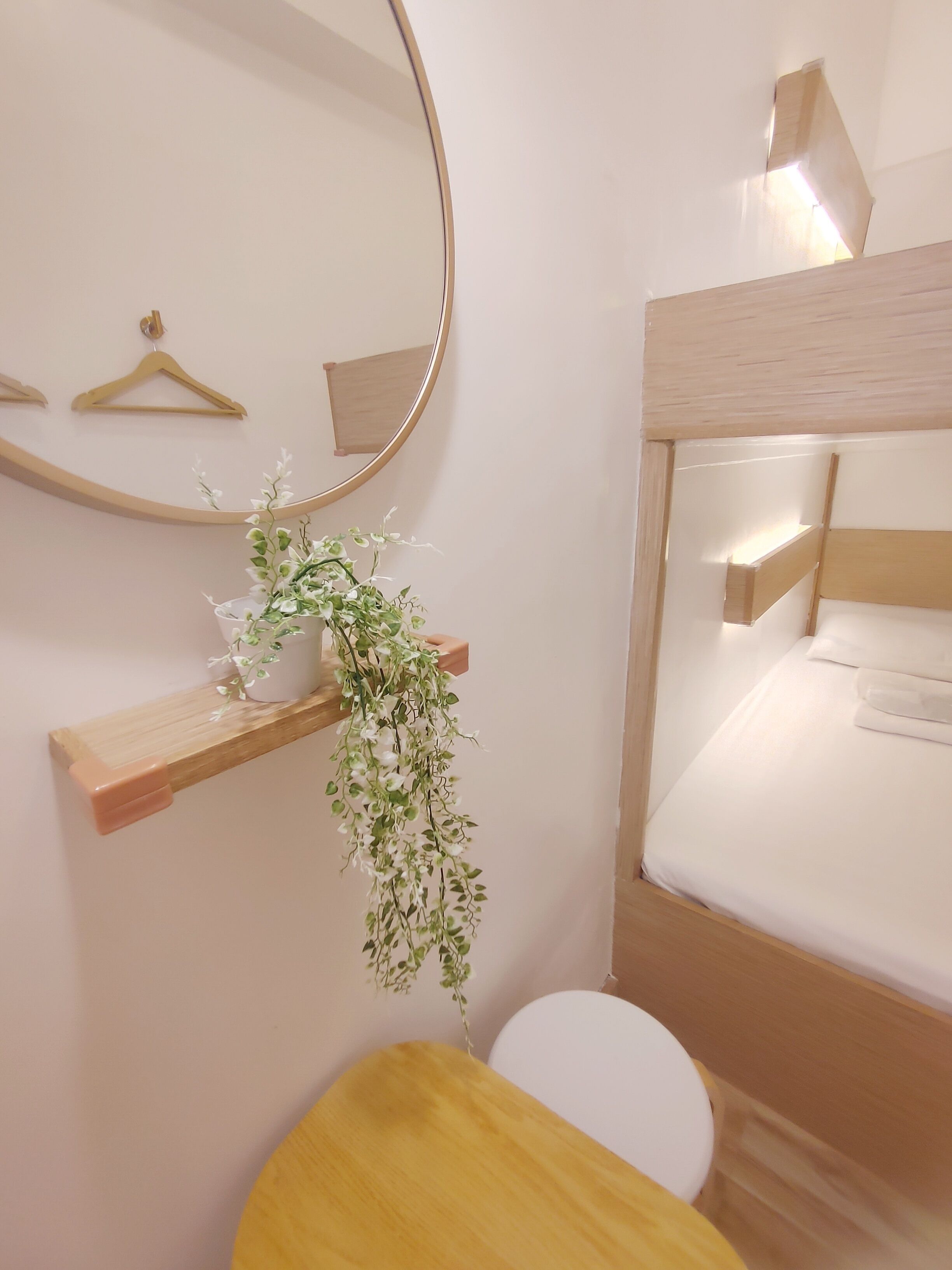 A small, compact room with a bunk bed, a round mirror, a wooden shelf with a hanging plant, and a toilet.