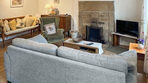 Una sala de estar con chimenea de piedra, un sofá, un sillón verde y un televisor.