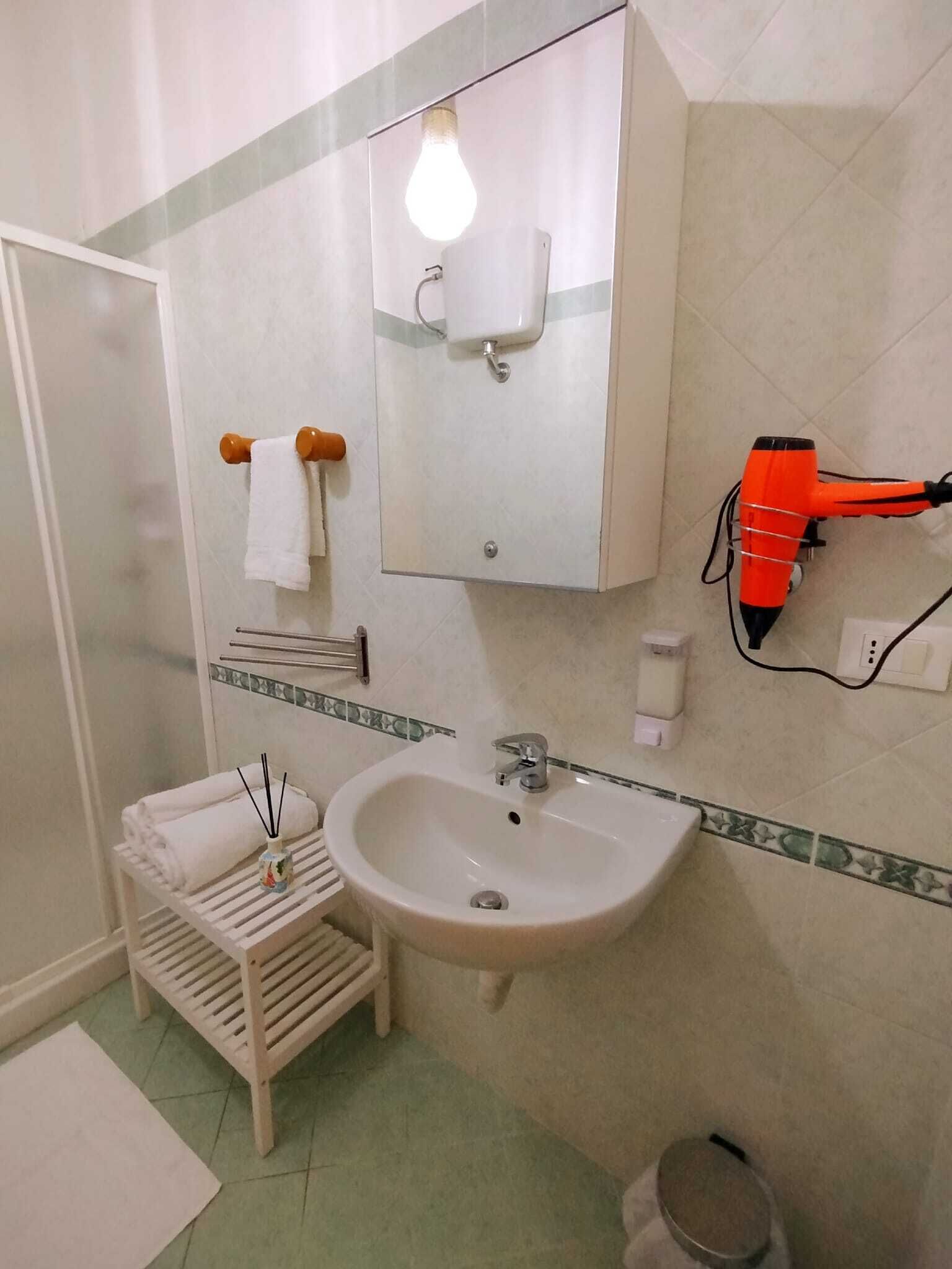 Un baño con lavamanos, espejo, toallero y secador de pelo.