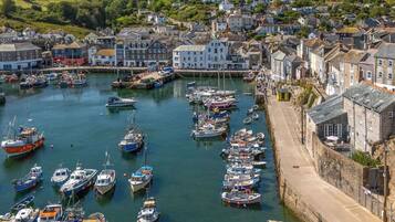 Una cittadina costiera con un porto turistico pieno di diverse imbarcazioni, circondata da edifici residenziali.