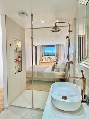 Shower, hair dryer, towels, toilet paper