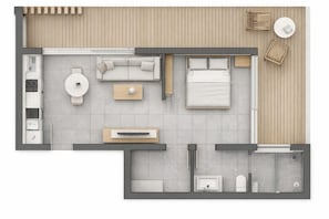 Ein modernes Apartment mit Wohnbereich, Schlafzimmer, Küchenzeile und Bad.
