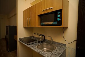 Kühlschrank, Mikrowelle, Herdplatte, Wasserkocher mit Kaffee-/Teezubehör