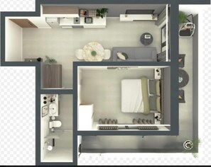 Distribución de un apartamento de dos habitaciones con kitchenette, comedor y sala de estar.