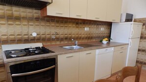 Cocina compacta con estufa a gas, horno, pileta y lavavajillas.