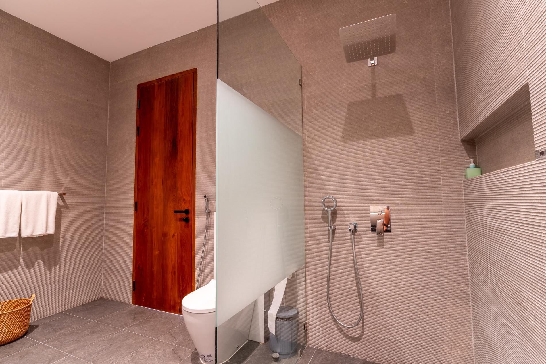 A modern bathroom with a glass shower enclosure, a wooden door, a white toilet, and a towel rack.