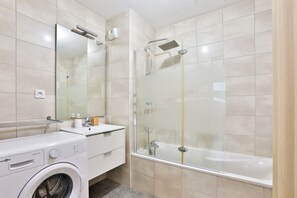Hair dryer, towels, soap, toilet paper