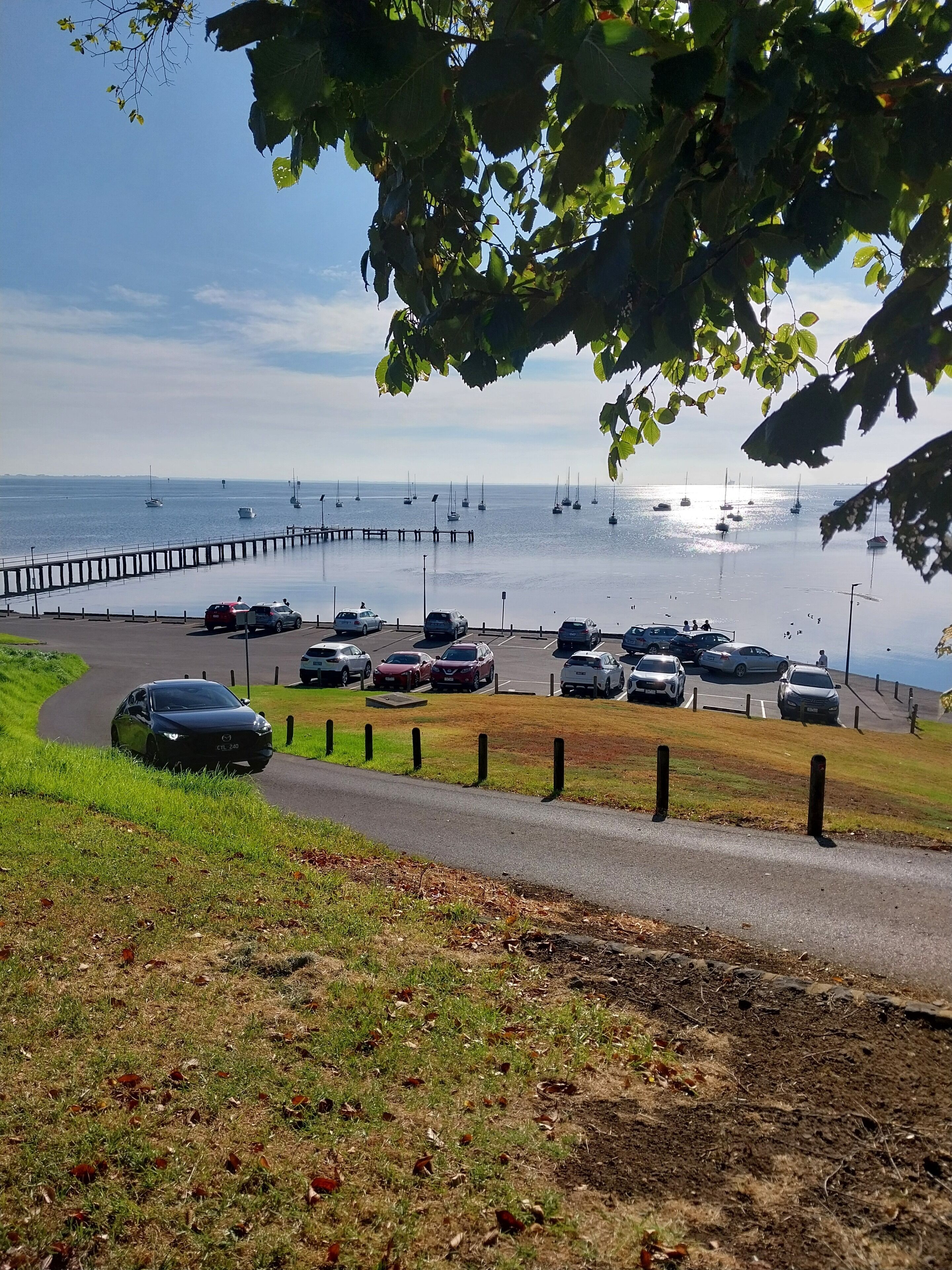 A parking area with cars, a grassy path, and a pier extending into the water.