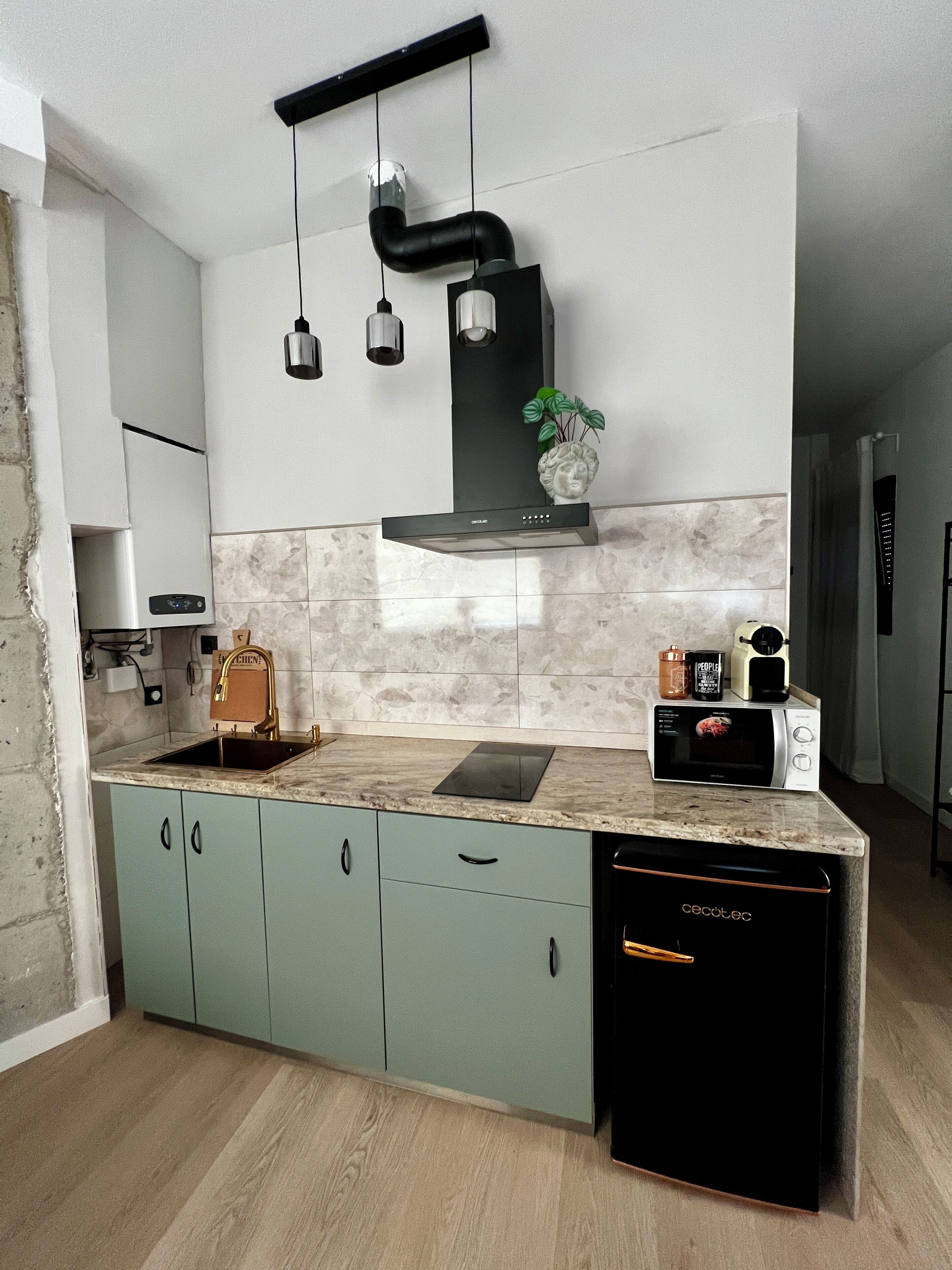 Una cocina moderna con lavavajillas integrado, microondas y cafetera sobre la encimera.