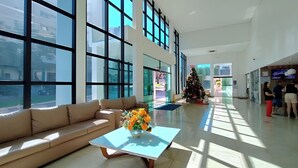Un hall amplio con un gran ventanal, un sofá, una mesa de centro con flores y un árbol de Navidad.