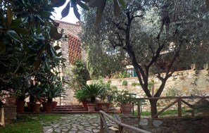 Un cortile con scalini in pietra, piante in vaso e un recinto in legno.