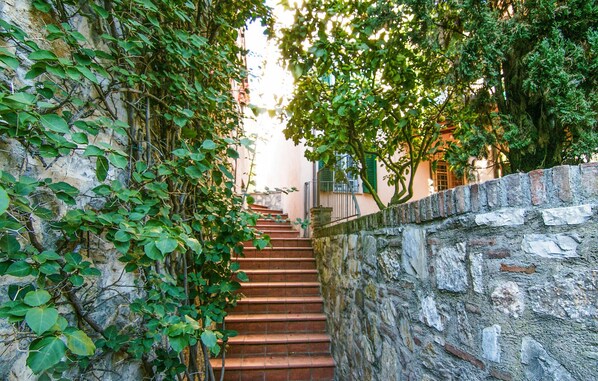 A stone staircase leading up to a building, surrounded by greenery and a brick wall.