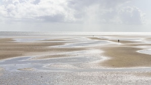 A beach with wet sand, a person walking, and a cloudy sky. - Seaside 53° FeWo 7 - Apartment close to the beach with sea view and balcony in (Cuxhaven)