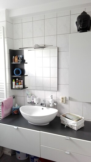 Hair dryer, towels, soap, shampoo