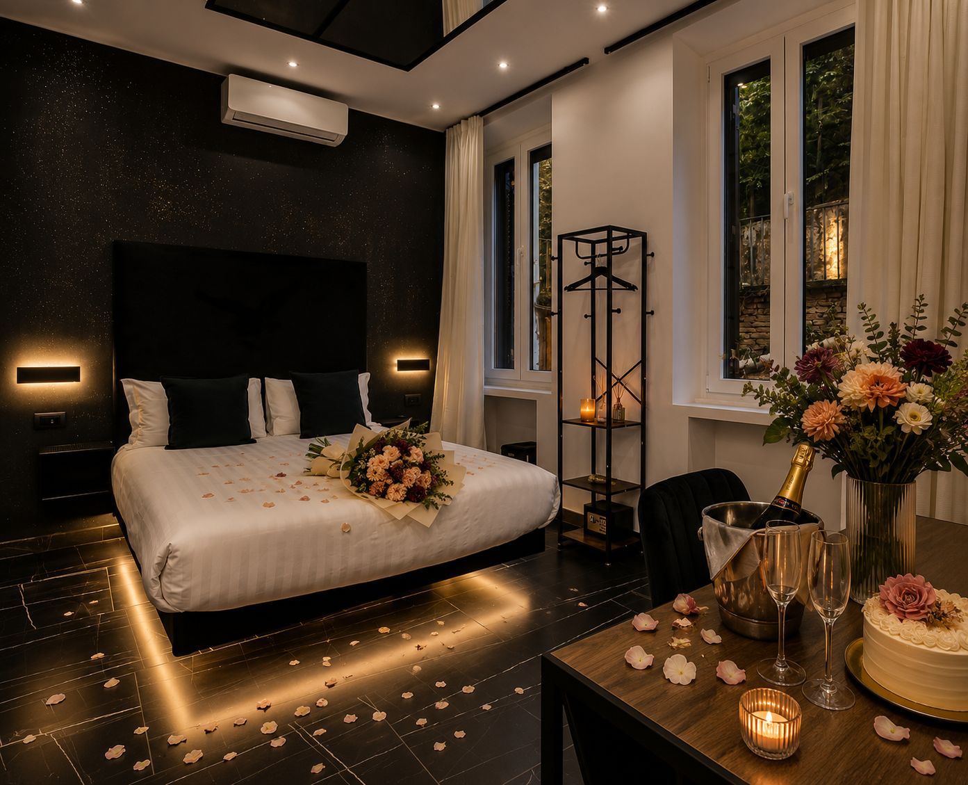 A modern hotel room with a large bed, bedside tables, a desk with a vase of flowers, a bottle of champagne, and a cake.