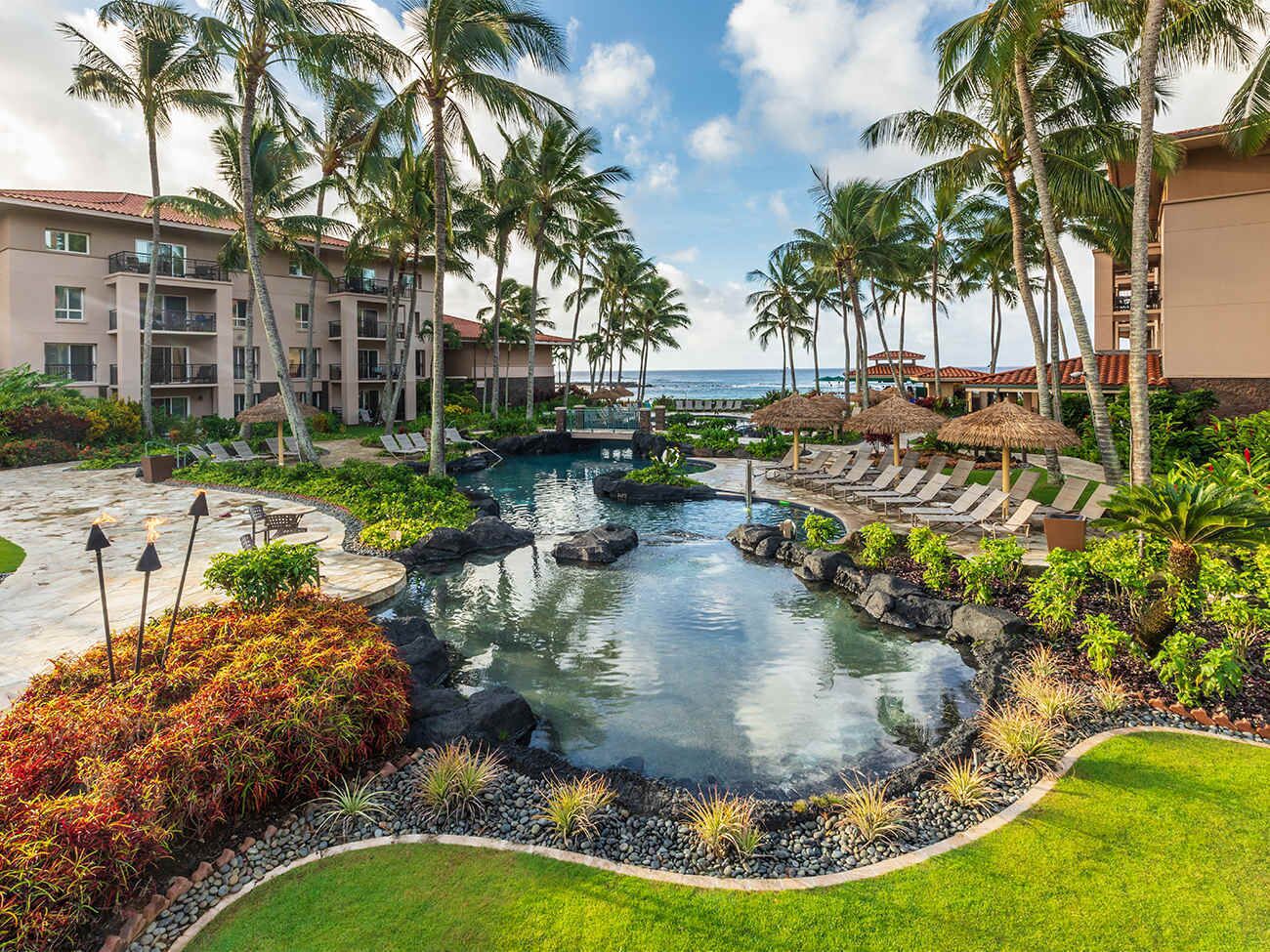 A resort with a pool, palm trees, and a view of the ocean.
