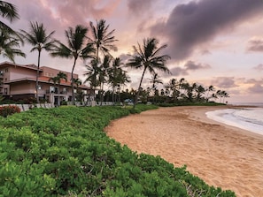 Une plage bordée de palmiers et un bâtiment avec un toit rouge.