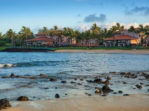 Un hotel frente a la playa con varias construcciones, palmeras y un litoral rocoso.