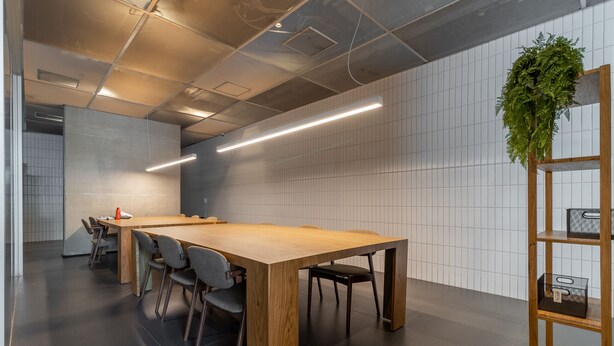 A modern conference room with a long wooden table, grey chairs, a potted plant, and a wooden shelf unit. - Frei215 in S o Paulo (São Paulo)