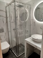 Ducha, cabezal de ducha tipo lluvia, secador de pelo, toallas