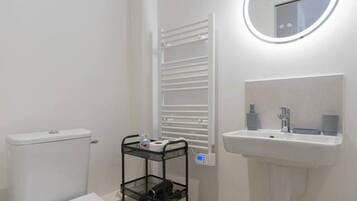 Hair dryer, towels, soap, shampoo