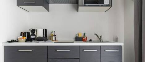 Fridge, microwave, stovetop, coffee/tea maker