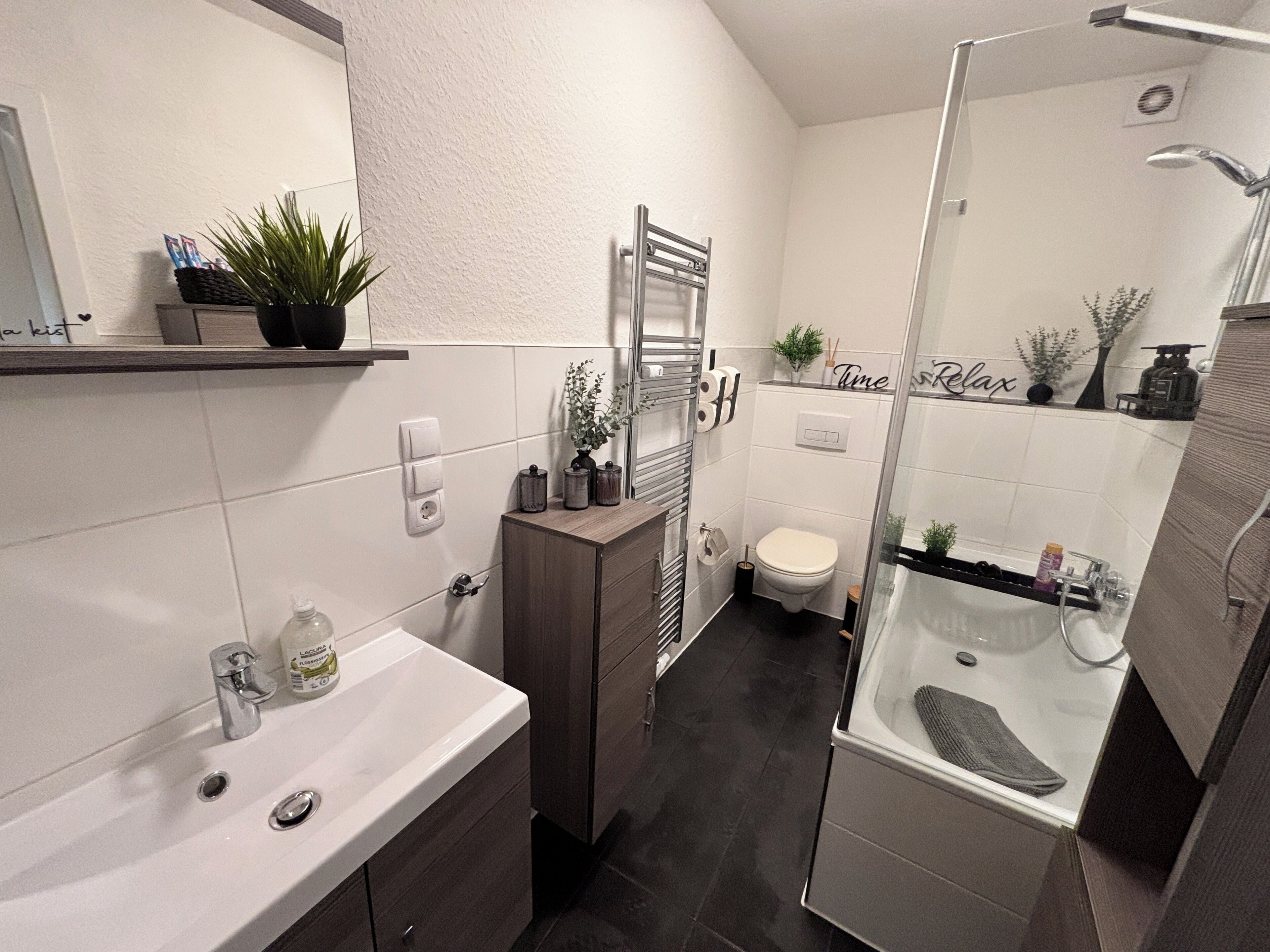 Hair dryer, towels, soap, toilet paper