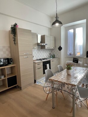 Fridge, microwave, stovetop, electric kettle