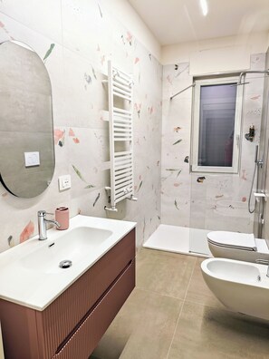 Shower, hair dryer, bidet, towels