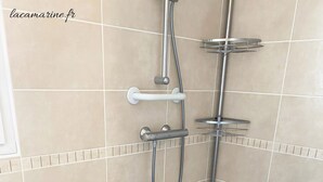 Un espace douche avec un sol carrelé, une pomme de douche en métal et une petite plante en pot.