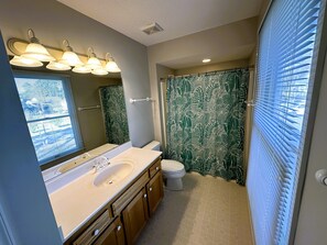 Une salle de bain équipée d’un meuble-lavabo, d’un lavabo, d’un miroir et de toilettes.