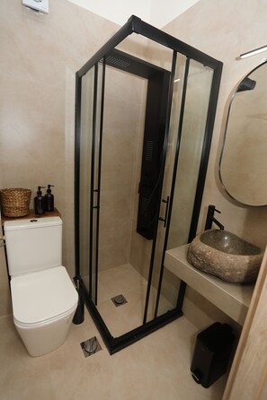 Hair dryer, towels, soap, toilet paper