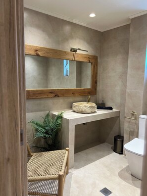 Hair dryer, towels, soap, toilet paper