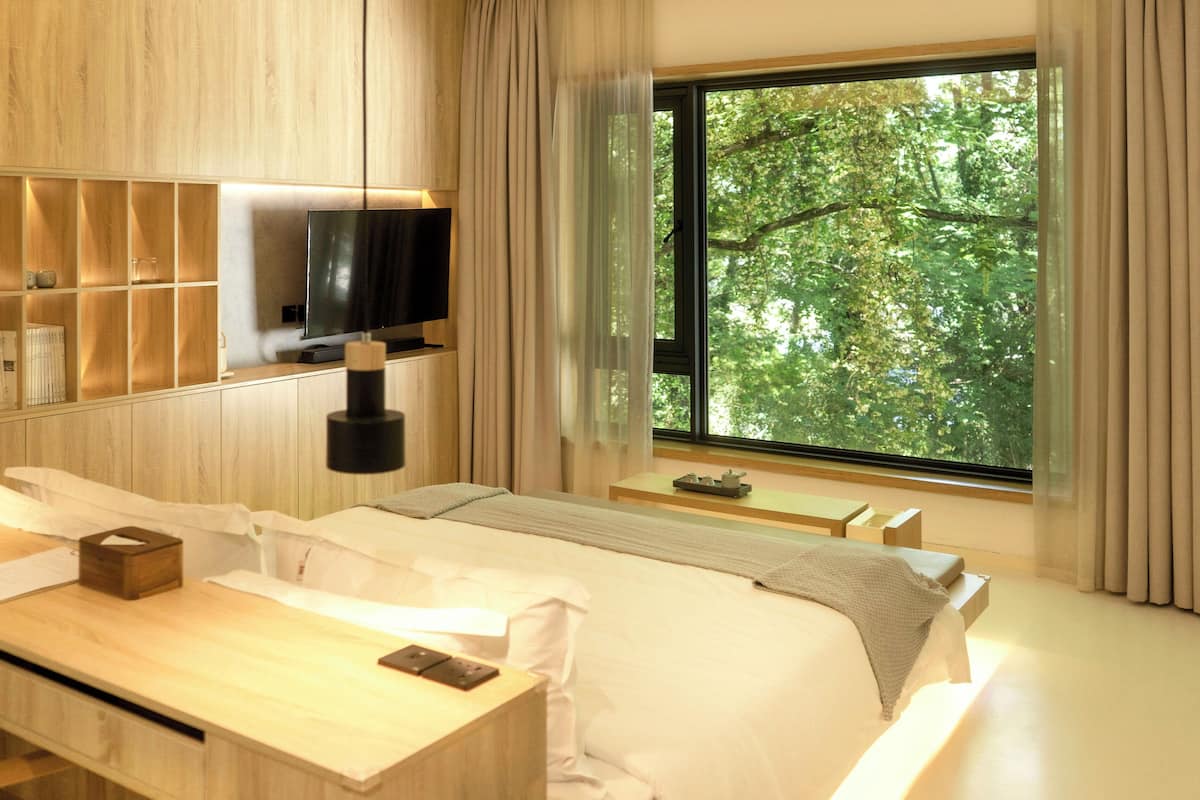 A modern hotel room with a large window, a flat-screen TV, wooden furniture, and a bedside table with a lamp.