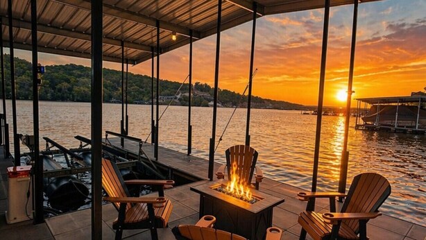 Un espacio de estar al aire libre con techo, sillas y una chimenea, con vistas a un cuerpo de agua al atardecer.