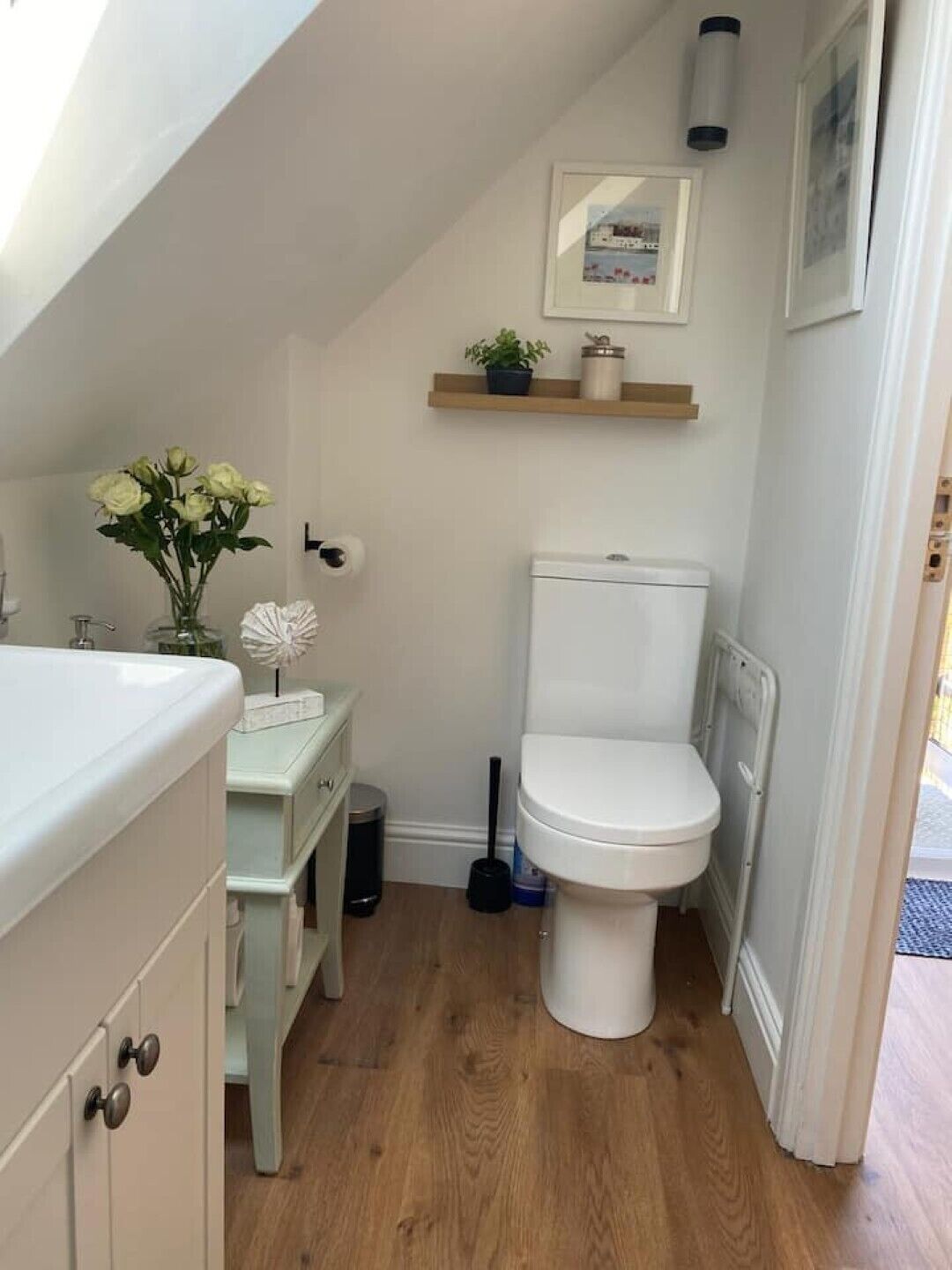A compact bathroom with a toilet, a sink, and a small cabinet. There is a wooden floor, a white radiator, and a shelf with a plant and a container.