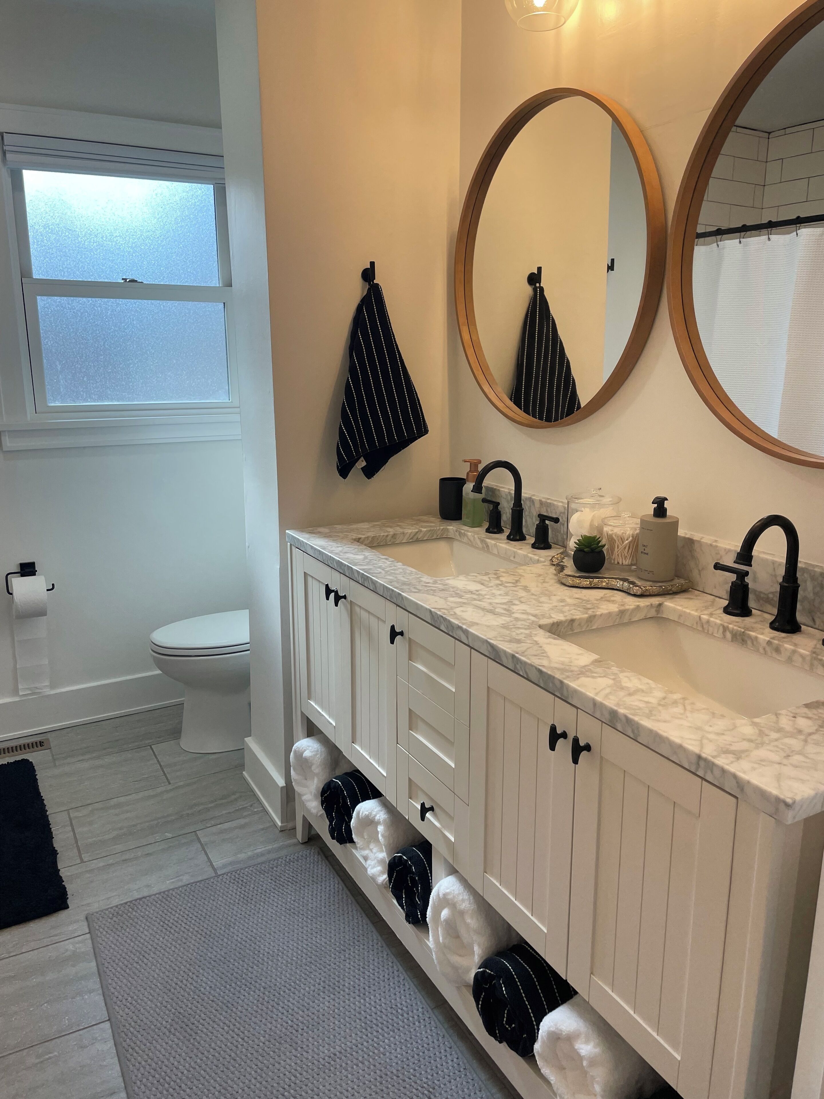 Hair dryer, towels, soap, toilet paper